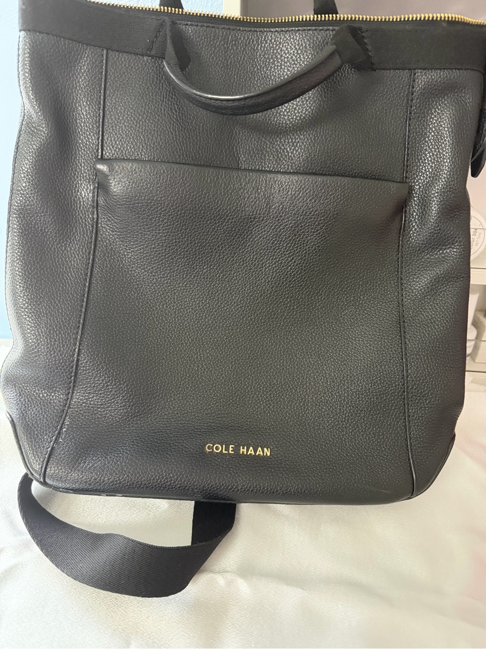 Cole Haan Black Pebbled Leather Tote-Style Backpack with Gold Logo